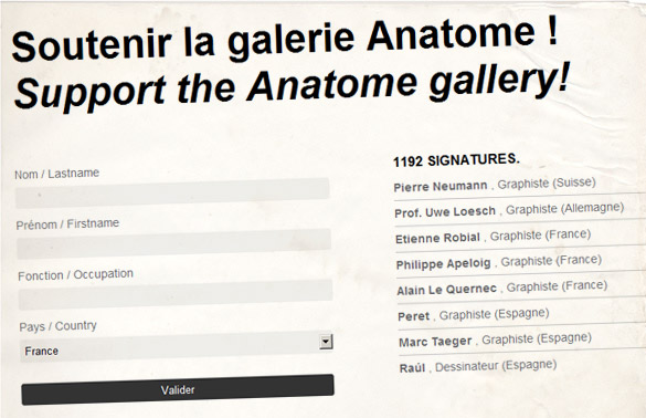 gallllerie La Galerie Anatome, un des rares lieux du graphisme en France risque de disparaître.