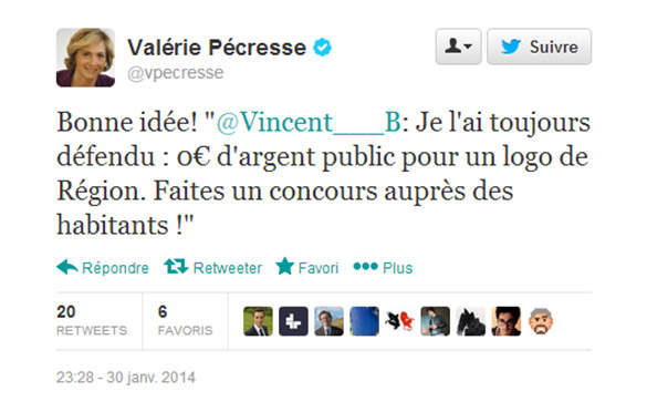 Tweet de Valerie Pécresse : Je l'ai toujours défendu : 0€ d'argent public pour un logo de Région.