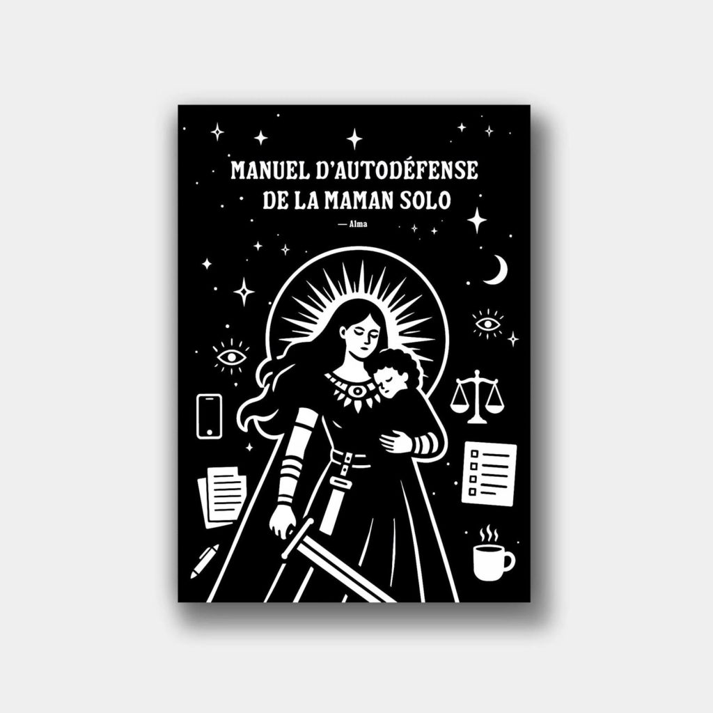 Couverture du Manuel d’autodéfense de la maman solo d’Alma : une mère auréolée porte son enfant et tient une épée, entourée d’objets du quotidien
