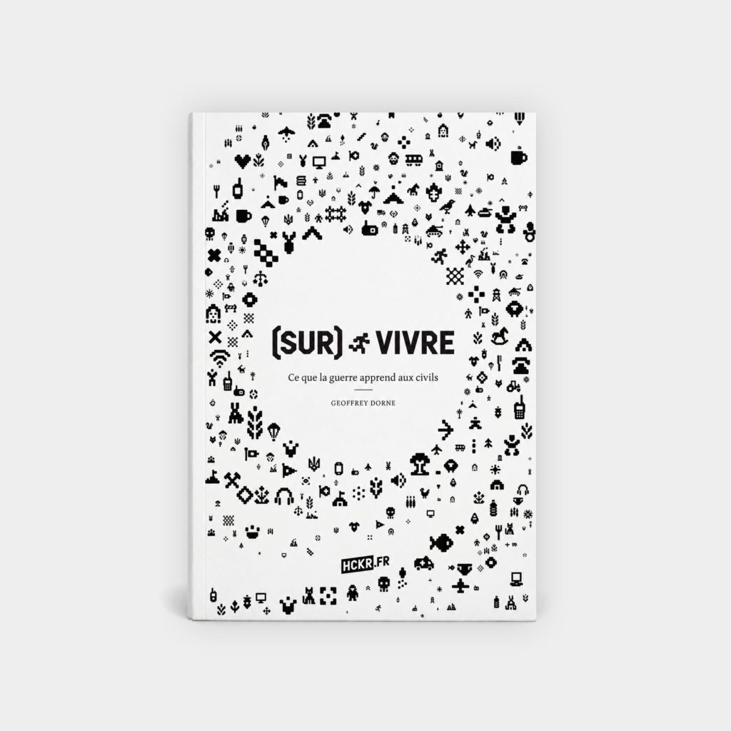 Couverture de (SUR)VIVRE de Geoffrey Dorne : un nuage de pictogrammes noirs en pixels autour du titre